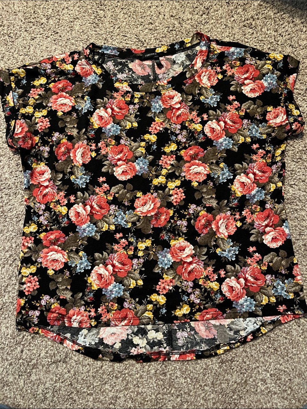 Forever 21 Black Floral Short Sleeve Tee with Red, Blue & Yellow Blooms